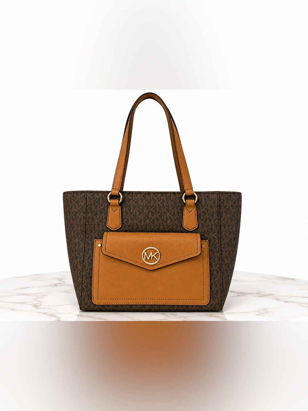 Michael Kors Joey Tote Logo Canvas Brown Monogram Tan Snap Front Pocket. New!